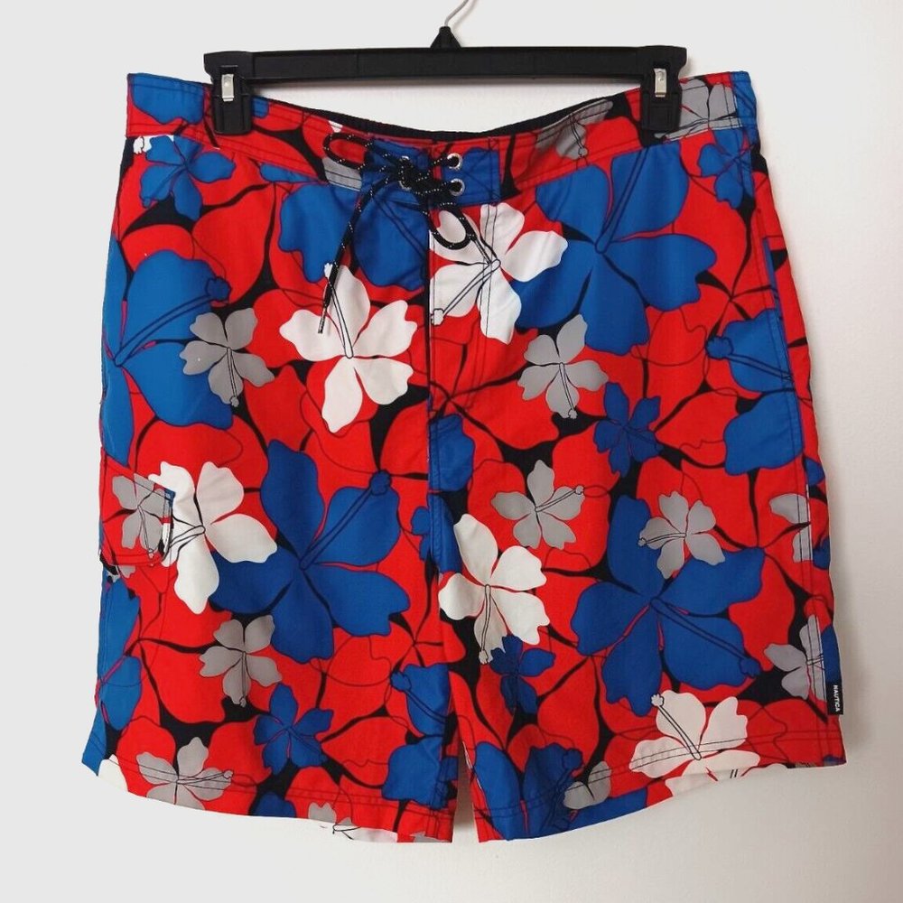 Nautica Swim Trunks Shorts Hawaiian Multi Color Floral Red White Blue Size XL